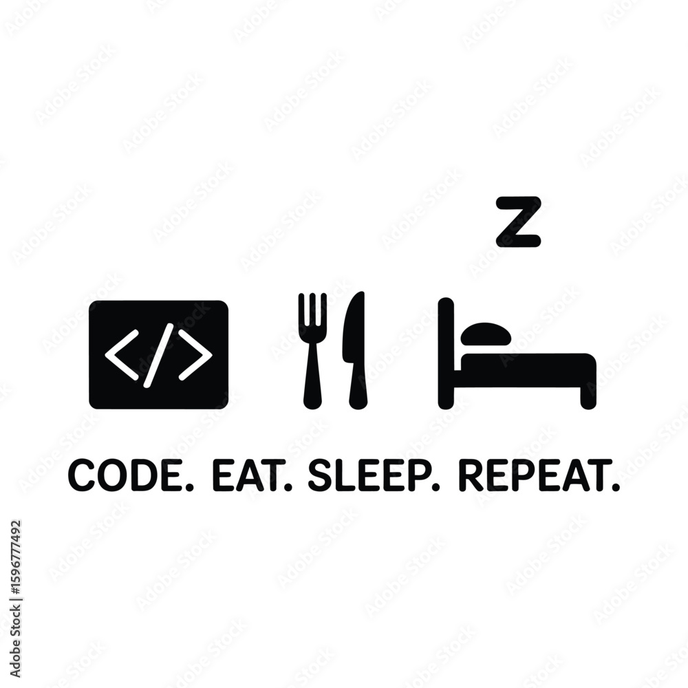 Poster code eat sleep repeat programmer lifestyle silhouette isolated on white background