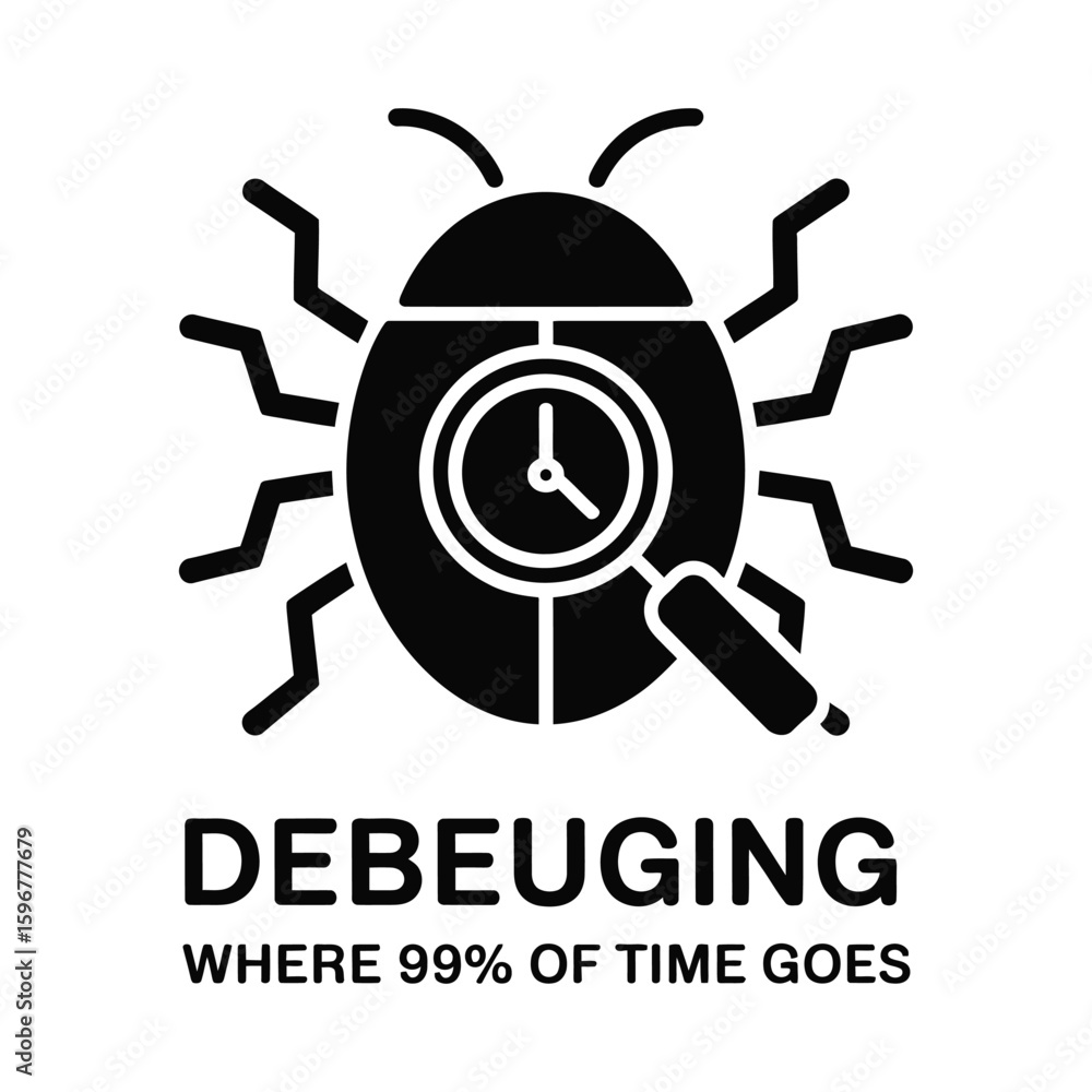 Poster bug silhouette with clock and magnifying glass debugging isolated on white background