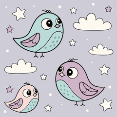 Cute Pastel Birds and Clouds Seamless Pattern for Kids