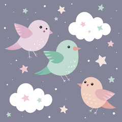 Adorable Pastel Birds and Stars Nursery Print Design