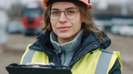 Confident Female Engineer Wearing Safety Gear at Construction Site