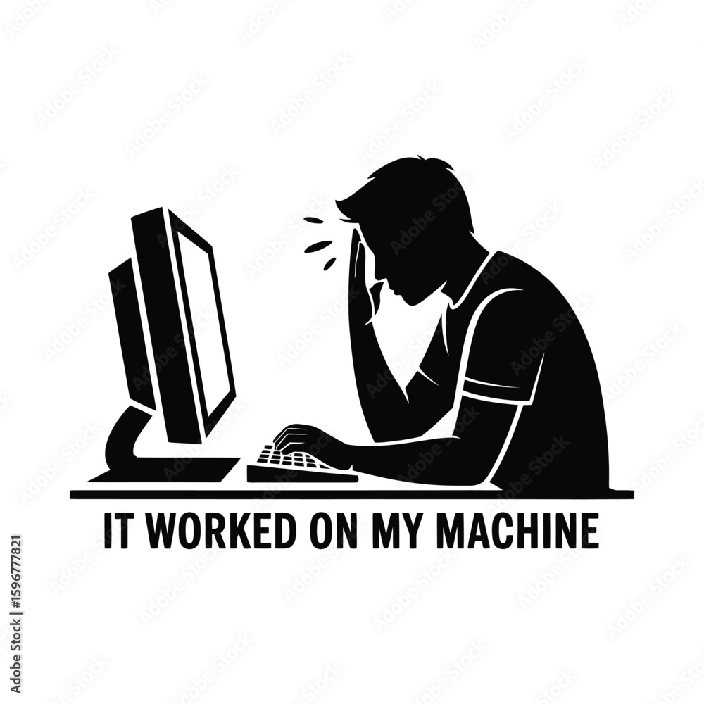 Poster frustrated programmer silhouette working on computer isolated on white background