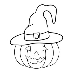 Fun pumpkin in a witch's hat. Vector illustration for Halloween celebration in doodle style.