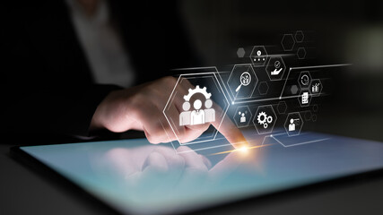 Business management system showing teamwork, productivity, and planning. Management supports goal, management tracks progress, management improves teamwork, and enhances productivity. Latch