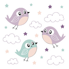 Adorable Pastel Birds and Clouds Nursery Print Digital Art © Sadhin07