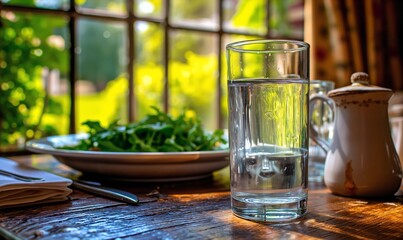 Sunlit Rustic Wooden Table Ideals for Outdoor Dining with Fresh Salad and Refreshing Water