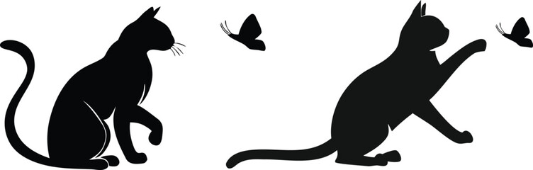 Collection of black cat silhouettes in various poses, vector illustration of playful and sitting cats on white background, 