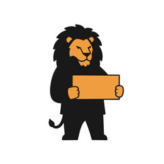 Cartoon lion standing and holding a sign with a cheerful expression  