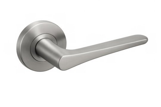 Metal door handle gleaming with modern design, metallic surface reflecting light against clean white background, highlighting architectural detail - Powered by Adobe