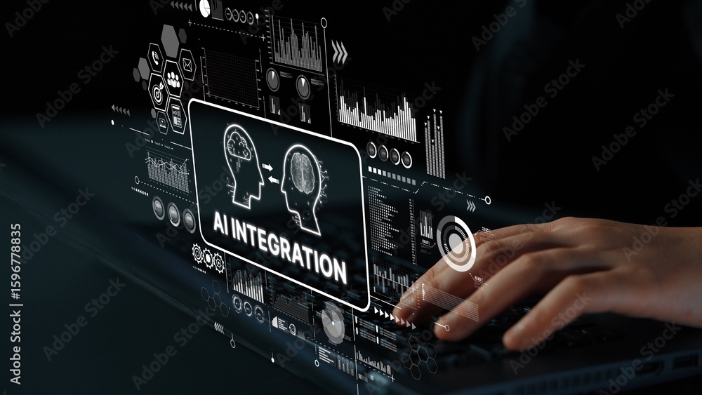 Poster innovative ai integration concept with digital interface and human interaction for future technology