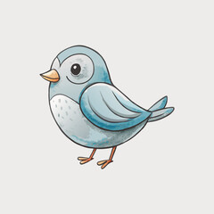 Adorable Cartoon Grey Bird with Light Blue Wing Watercolor Illustration