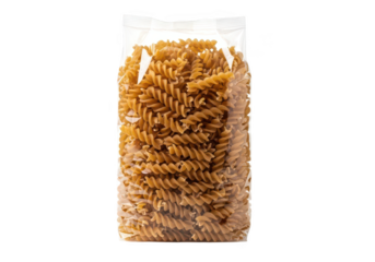 Clear plastic bag filled with whole wheat fusilli pasta on uncooked