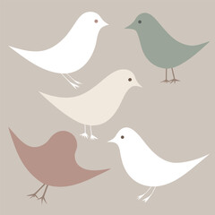 Five Simple Geometric Birds in Pastel Colors on Neutral Background