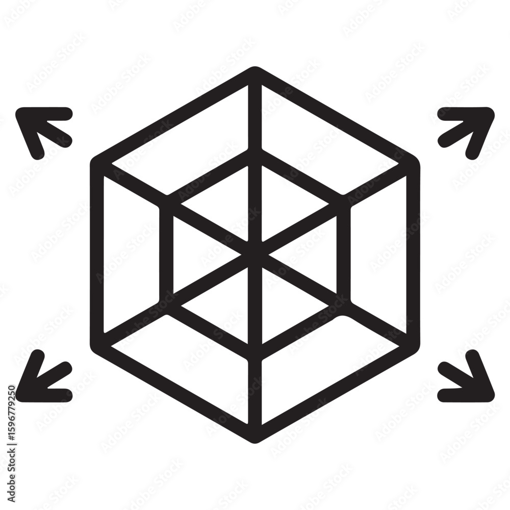 Poster abstract geometric cube structure with arrows indicating expansion or contraction in all directions