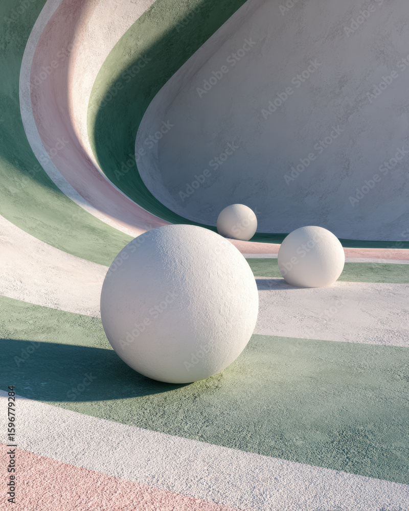 Poster three matte white spheres on textured concrete with colorful abstract curved background
