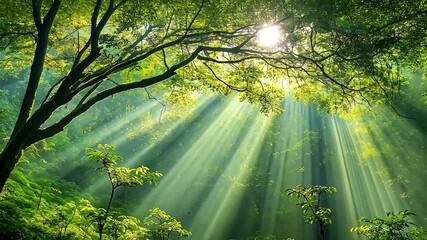 Enchanting forest scene with sun rays streaming through the canopy, illuminating green foliage - Powered by Adobe