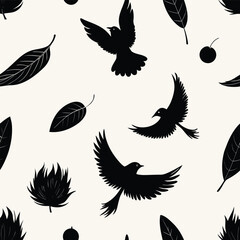 Seamless Pattern of White Birds Feathers and Rose on Black Background
