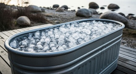 Galvanized tub full of ice cubes for refreshing outdoor bath