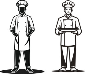 Two chefs in uniform one with hands in pockets the other holding a tray cook chef hat