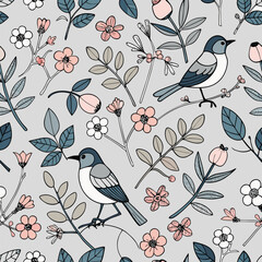 Elegant Vintage Botanical Illustration with Two Birds and Flowers