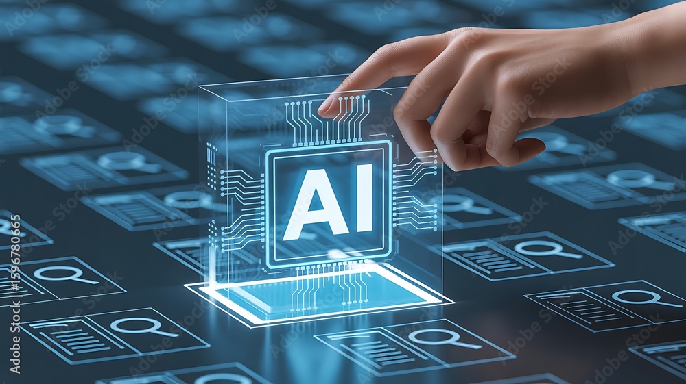 Poster artificial intelligence concept represented by a hand touching a glowing cube, ai interaction with m