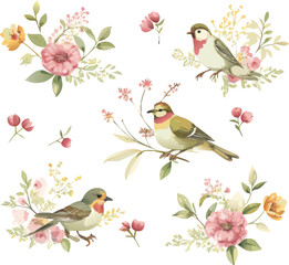 Elegant Seamless Pattern with Sparrows and Blooming Flowers