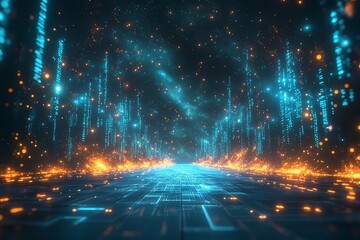Digital landscape with glowing data streams and cosmic elements in a futuristic environment