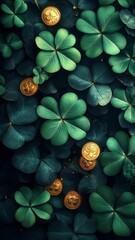 Exploring the vibrant interplay of green clovers and golden coins in a lush natural setting during early spring
