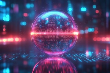 Colorful digital sphere showcasing vibrant lights and patterns in a futuristic setting at nighttime with reflections