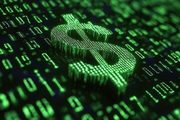 Digital representation of currency symbol with binary code background in a modern tech setting