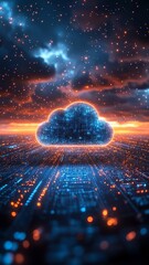 Digital cloud concept over a futuristic cityscape during twilight with dynamic lighting effects and stars in the sky
