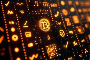 Visual representation of cryptocurrency concepts showcasing bitcoin among digital symbols and data elements