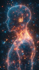 Human silhouette composed of glowing particles with a lock symbol representing data security and consciousness exploration
