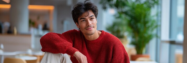 Young asian male in red sweater relaxing in modern indoor setting