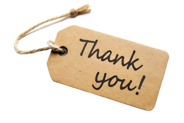 A thank you message is handwritten on a brown kraft paper tag isolated on transparent background