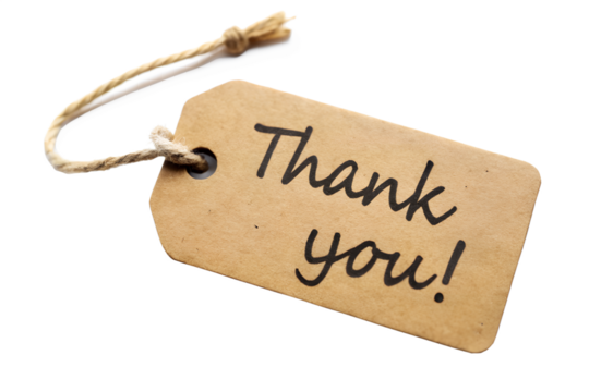 A thank you message is handwritten on a brown kraft paper tag isolated on transparent background