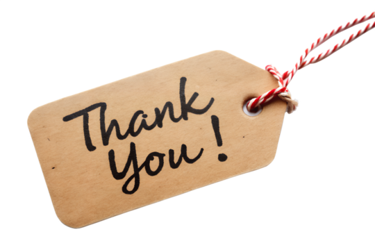 A kraft paper tag with the handwritten message thank you hangs from a red and white string, isolated on transparent background