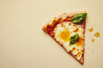 Overhead view of a tempting slice of pizza topped with honey and fresh basil leaves, showcasing culinary artistry