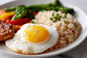 Healthy brown rice bowl with vegetables and a fried egg served on a white table