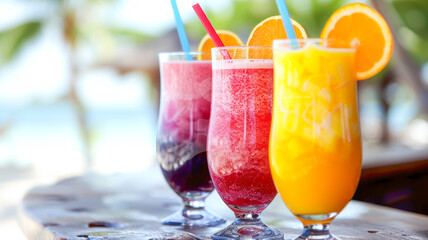 Obraz premium Colorful tropical drinks with vibrant garnishes on a wooden table by the beachside