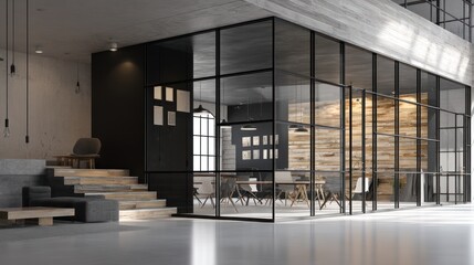 Modern open-plan office space with glass partitions.