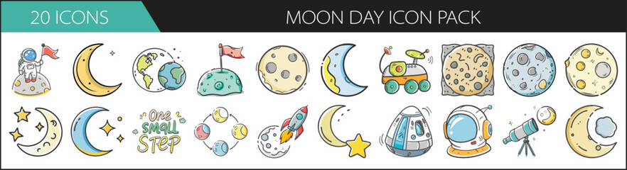 Moon Day icon pack with 20 space-themed illustrations - Vector set of 20 Moon Day icons featuring moons, astronauts, rockets, stars, lunar landers, telescopes, and space exploration elements.