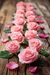 Pink Roses on Wooden Table. (1)