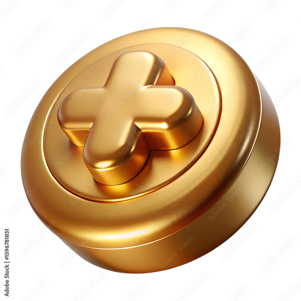 Poster 3d icon of a golden plus button isolated on transparent background