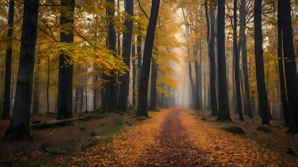 Fototapeta premium Beautiful Autumn in the Forest with Golden Leaves, Crisp Air, and Tranquil Woodland Paths — Vibrant Fall Foliage, Warm Colors, and Peaceful Nature Scenery