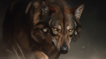 Majestic Wolf Stalking Through Foggy Forest with Intense Gaze