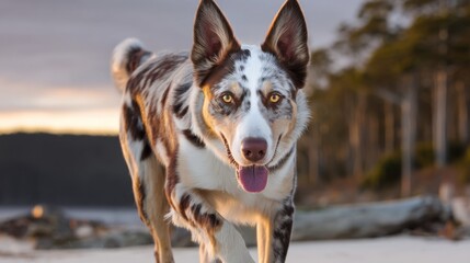 Happy dog running on a sandy beach during sunset in natural setting