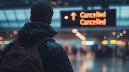 A traveler with a backpack looks at a brightly lit airport sign displaying multiple flight cancellations.