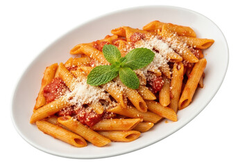 Close up overhead shot of penne pasta with tomato sauce and parmesan cheese image