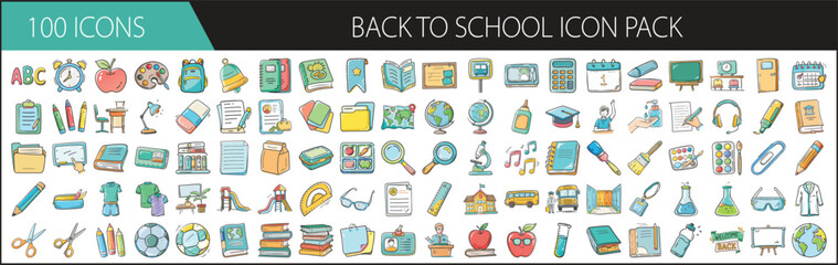 Back to School icon pack with 100 colorful education illustrations - Vector set of 100 back-to-school icons including books, backpacks, pencils, classrooms, supplies, science tools, and learning symbo